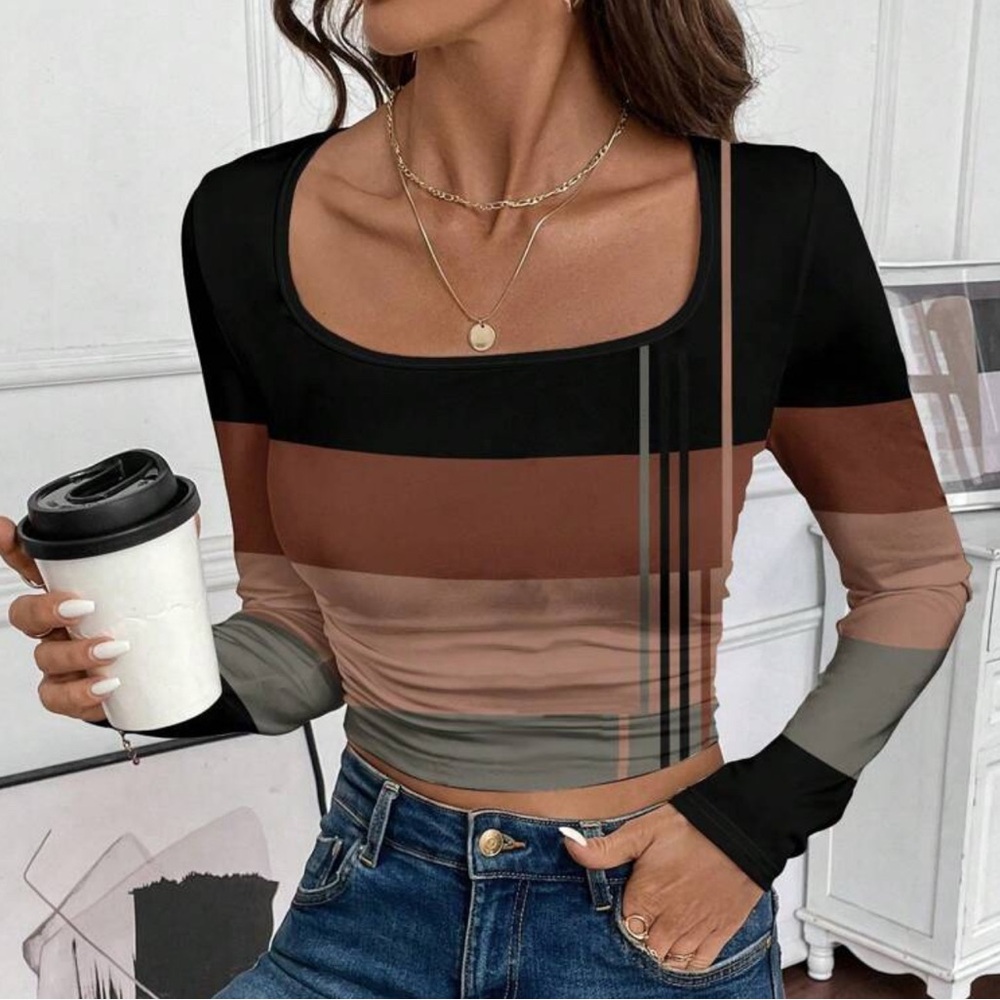 SHEIN Black and Brown Long Sleeve Crop Blouse